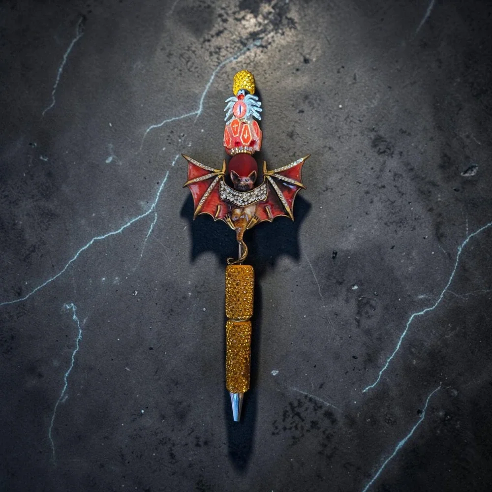 Gothic Bat Rhinestone Ballpoint Pen Red Gold Winged Eye Fantasy Pen Artisan